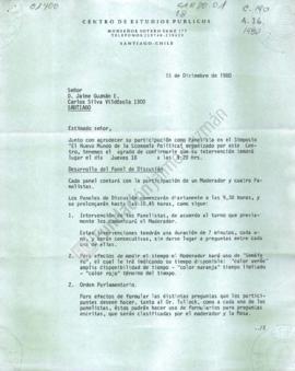 Carta a Jaime Guzmán por participación en simposio "El Nuevo Mundo de la Economía Política&q...
