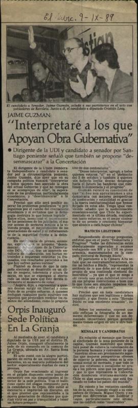 Prensa en El Mercurio. Jaime Guzmán: interpretaré a los que apoyan la obra gubernativa