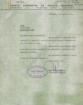 Carta de agradecimiento a Jaime Guzmán por participación en Encuentro Campesino de Unidad Nacional