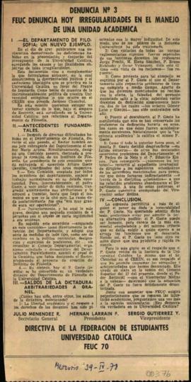 Prensa en El Mercurio. Denuncia N.° 3: FEUC denuncia hoy irregularidades en el manejo de una unid...