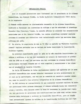 Prensa. Declaración Pública Ante Discurso Alianza Democrática Gabriel Váldez