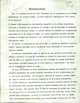 Prensa. Declaración Pública Ante Discurso Alianza Democrática Gabriel Váldez