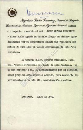 Carta en respuesta a Jaime Guzmán por saludo de aniversario de Academia Superior de Seguridad Nac...