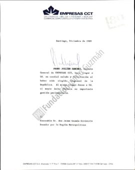 Carta a Jaime Guzmán con felicitaciones por triunfo electoral
