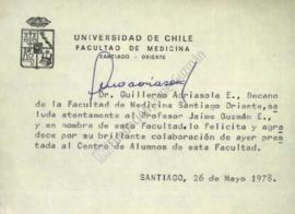 Tarjeta de agradecimiento a Jaime Guzmán por colaboración a Centro de Alumnos de la Facultad de M...