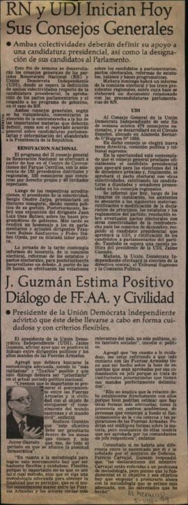 Prensa El Mercurio. RN y UDI inician hoy sus Consejos Generales. J. Guzmán estima positivo diálog...