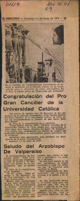 SALUDOS DEL ARZOBISPO DE VALPARAISO, EMILIO TAGLE, Y DEL PRO GRAN CANCILLER DE LA UNIVERSIDAD CAT...