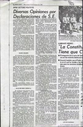 Entrevista en El Mercurio Entre sectores políticos: Diversas opiniones por declaraciones de S.E.