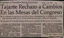 Prensa en El Mercurio. Expresó el senador Jaime Guzmán: Tajante rechazo a cambios en las Mesas de...