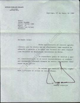 Carta en respuesta de agradecimiento a Jaime Guzmán