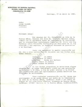 Carta de invitación a Jaime Guzmán a exponer conferencia sobre filosofía política para Oficiales ...