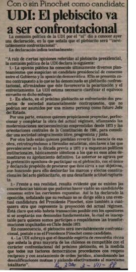Prensa La Tercera. El Plebiscito va a ser Confrontacional