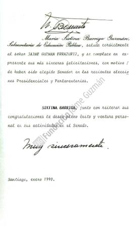 Carta a Jaime Guzmán con felicitaciones por triunfo electoral