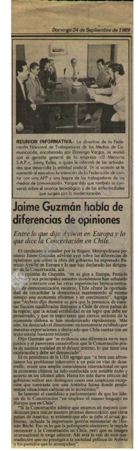 Jaime Guzmán habla de diferencias de opiniones entre lo que dijo Aylwin en Europa y lo que dice l...