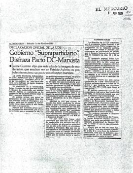 Prensa en El Mercurio. Declaración oficial de la UDI: Gobierno "suprapartidario" disfra...