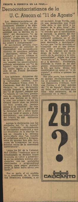 Prensa. Frente a derrota en FEUC: Democratacristianos de la UC atacan al "11 de Agosto"