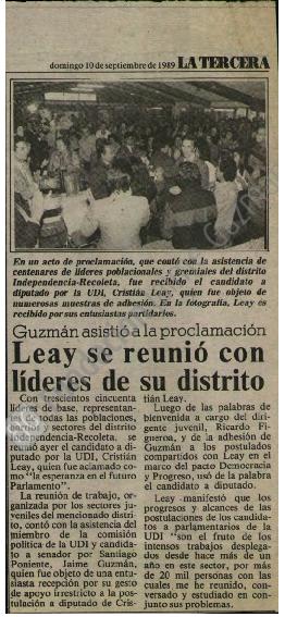 Prensa en La Tercera. Guzmán asistió a la proclamación: Leay se reunió con líderes de su distrito