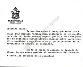 Tarjeta a Jaime Guzmán con solicitud de charla sobre la Nueva Institucionalidad