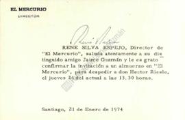 Tarjeta de invitación a Jaime Guzmán a almuerzo por despedida de Hector Riesle de El Mercurio