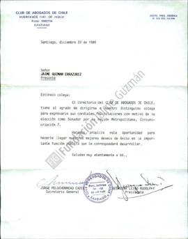Carta de felicitaciones a Jaime Guzmán por triunfo electoral