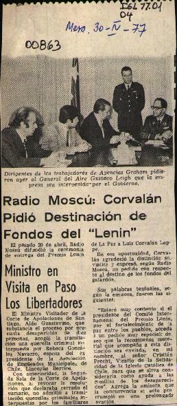 LUIS CORVALAN ANUNCIA DONACION DE FONDOS DEL PREMIO LENIN A LA VICARIA DE LA SOLIDARIDAD; ARZOBIS...