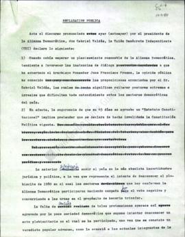 Prensa. Borrador Declaración Pública Ante Discurso Alianza Democrática Gabriel Váldez