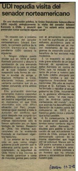 Prensa La Tercera. UDI Repudia Visita del Senador Norteamericano