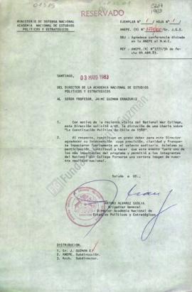 Carta con agradecimientos a Jaime Guzmán por charla dictada al National War College sobre la Cons...
