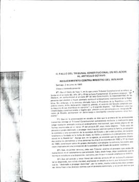 Fallo del Tribunal Constitucional en relación al Artículo Octavo. Requerimiento contra Ministro d...