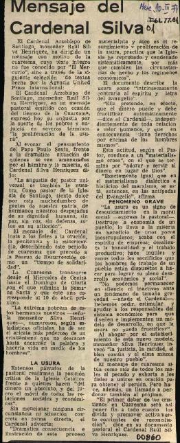 MENSAJE DEL CARDENAL SILVA