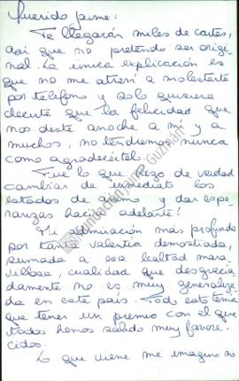 Carta a Jaime Guzmán con felicitaciones por triunfo electoral