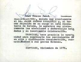 Carta de agradecimiento a Jaime Guzmán