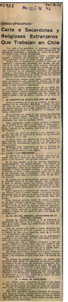 DIRIGIDO EPISCOPADO: CARTAS A SACERDOTES Y RELIGIOSAS EXTRANJEROS QUE TRABAJAN EN CHILE