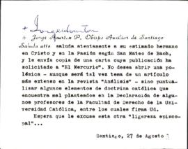 CARTA DE OBISPO JORGE HOURTON AL DIRECTOR DE "EL MERCURIO" SOBRE DECLARACION DE PROFESO...