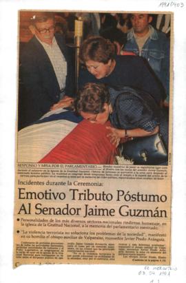 Prensa en El Mercurio. Emotivo tributo póstumo al senador Jaime Guzmán
