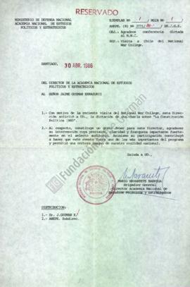 Carta de agradecimiento a Jaime Guzmán por conferencia dictada al National War College