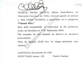Tarjeta de invitación a Jaime Guzmán para participar en programa "Cámara Alta"