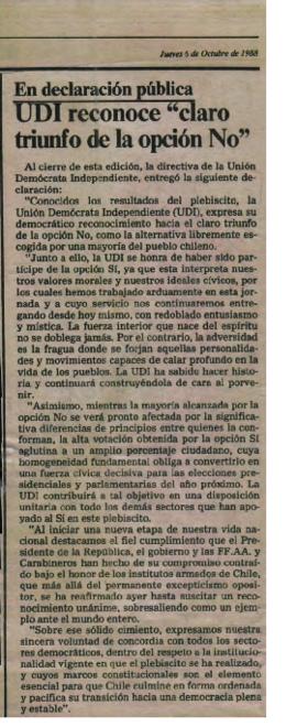 Prensa. En Declaración Pública UDI Reconoce Claro Triunfo de Opción NO