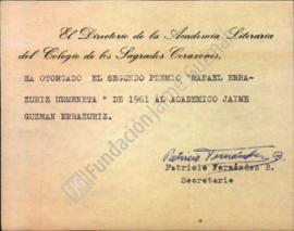 Premio "Rafael Errázuriz Urmeneta" de la Academia Literaria del Colegio de los Sagrados...