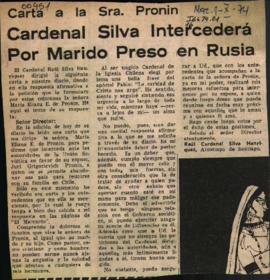 CARTA A LA SRA. PRONIN: CARDENAL SILVA INTERCEDERÁ POR MARIDO PRESO EN RUSIA