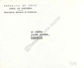 Invitación a cóctel a Jaime Guzmán por despedida de coronel Pedro Ewing