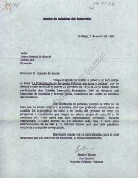 Invitación a Jaime Guzmán a exponer en foro sobre "La privatización de empresas públicas: su...