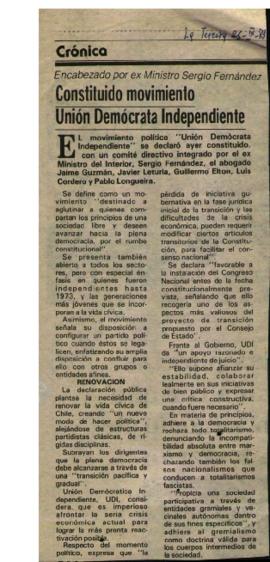 Prensa La Tercera. Constituido Movimiento Unión Demócrata Independiente