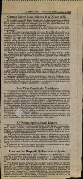 Prensa en El Mercurio. Guzmán reiteró pacto indirecto de la DC con el PC