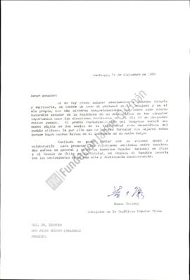 Carta a Jaime Guzmán con felicitaciones por triunfo electoral del embajador de China