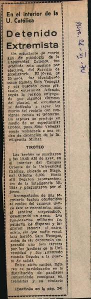 Prensa en El Mercurio. En el interior de la U. Católica: Detenido extremista