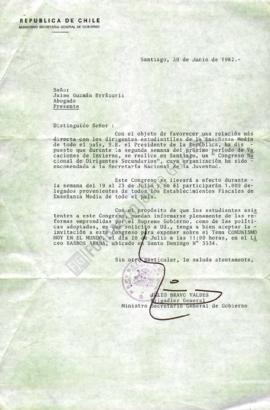 Invitación a Jaime Guzmán a exponer en Congreso Nacional de Dirigentes Secundarios la charla &quo...