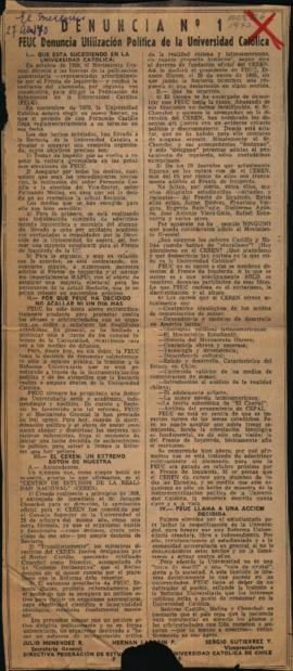 Prensa en El Mercurio. Denuncia N.° 1: FEUC denuncia utilización política de la Universidad Católica