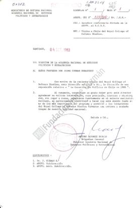 Carta con agradecimientos a Jaime Guzmán por charla dictada al Royal College of Defence Studies s...