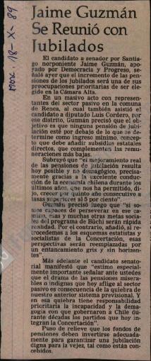 Prensa en El Mercurio. Jaime Guzmán se reunió con jubilados